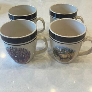Cabela’s folkcraft  By Scotty Z, stoneware 4 coffee cups 2 elk. 2 whitetail. Fun